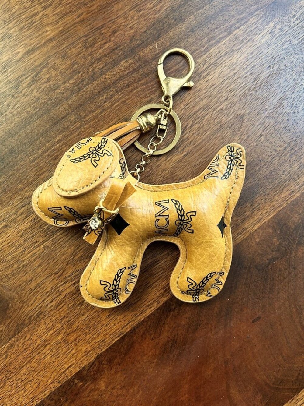 MCM Visetos Dog Bag Charm, Tan, with COA